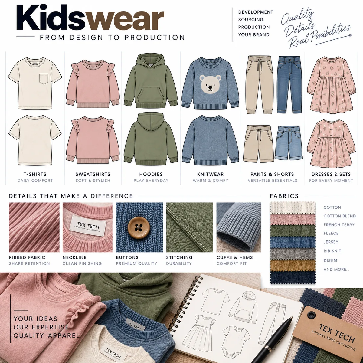 Kidswear garment manufacturer in Bangladesh – kids T-shirts, sweatshirts, hoodies, knitwear, pants, shorts, dresses and sets | Tex Tech