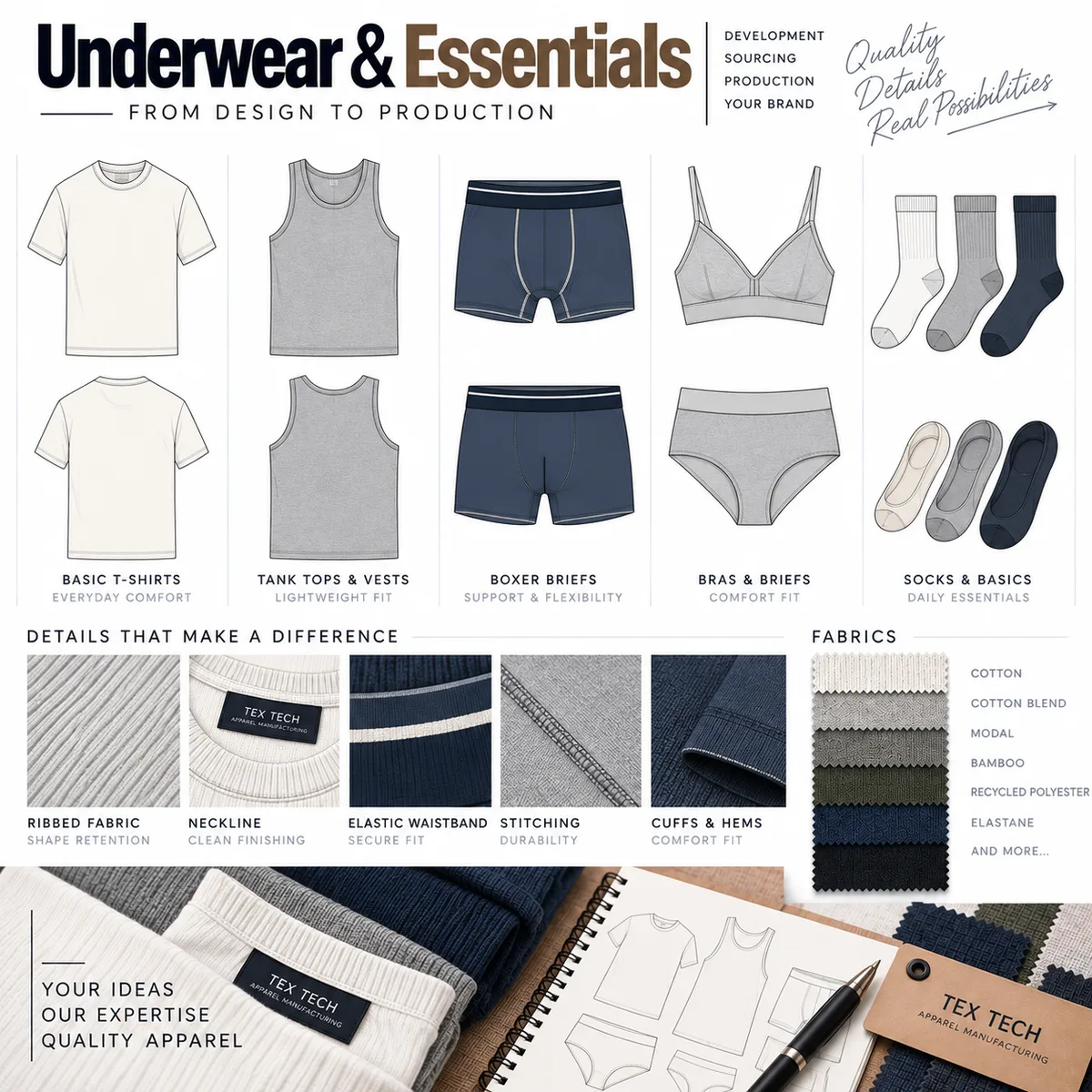 Underwear and essentials garment manufacturer in Bangladesh – T-shirts, tank tops, boxer briefs, bras, briefs and socks | Tex Tech