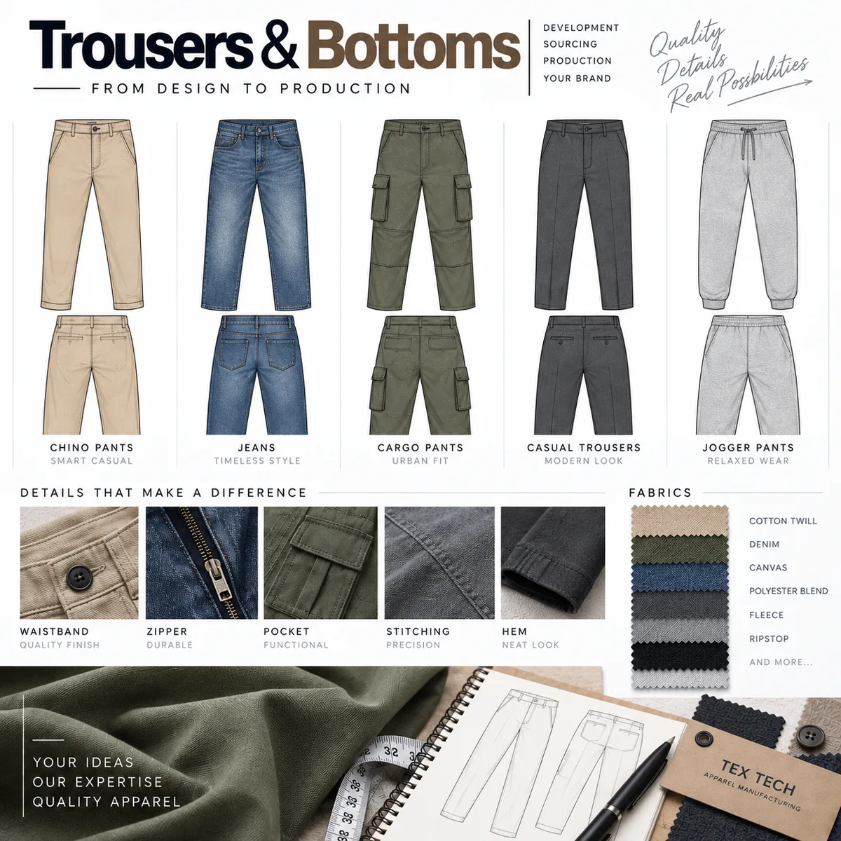 Trousers and bottoms garment manufacturer in Bangladesh – chino pants, jeans, cargo pants, casual trousers and joggers | Tex Tech