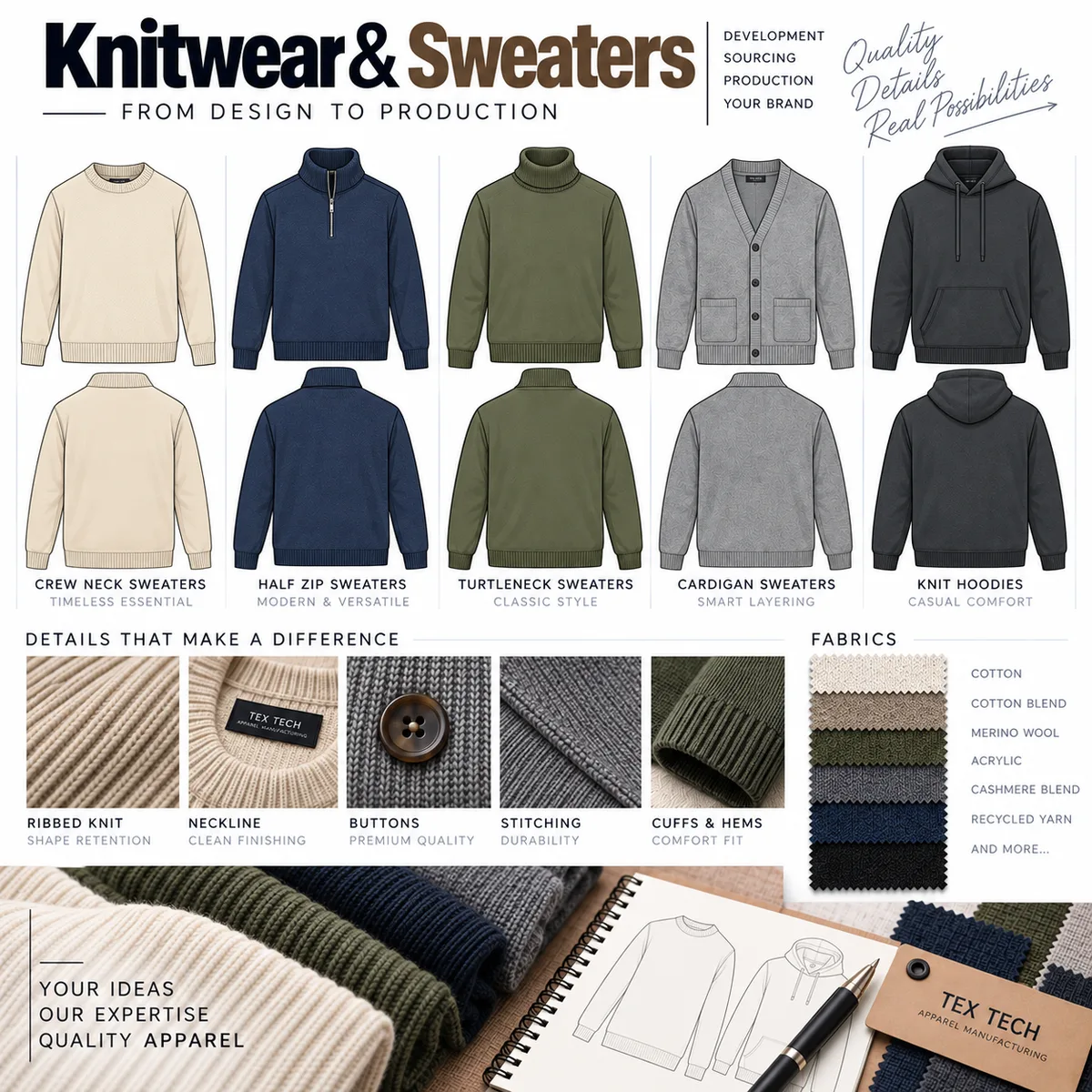 Knitwear and sweaters garment manufacturer in Bangladesh – crew neck, half zip, turtleneck, cardigan and knitwear production | Tex Tech